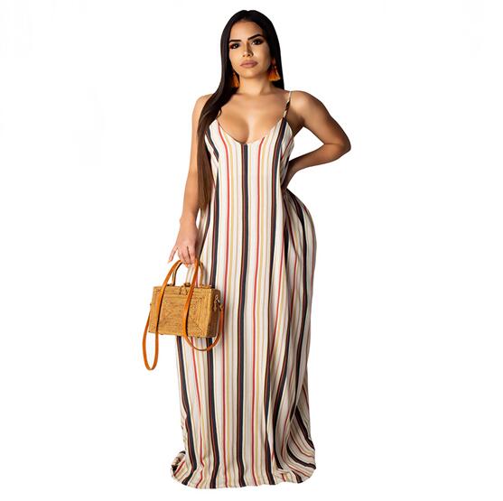 long dress vestidos vestido cotton women dress v-neck camis long dresses for female plus size loose print striped