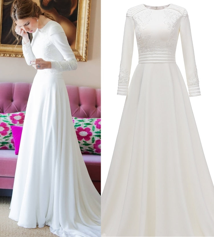 Long Sleeve Plain Satin Wedding Dress Bridal Gown