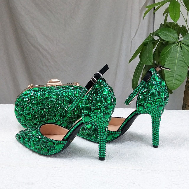 Green Crystal Wedding shoes Woman Thin heel pointed toe Bridal Party