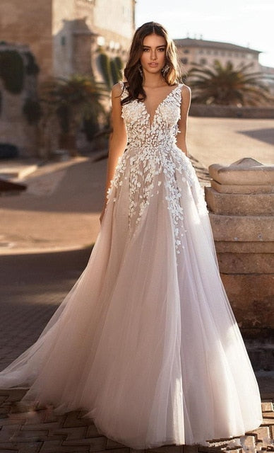 Graceful V Neck Beach Wedding Dresses