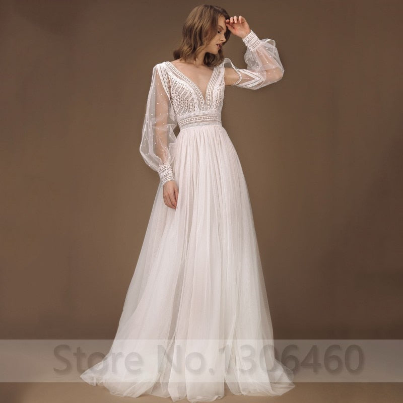 Elegant  Wedding Dress Puff Sleeves