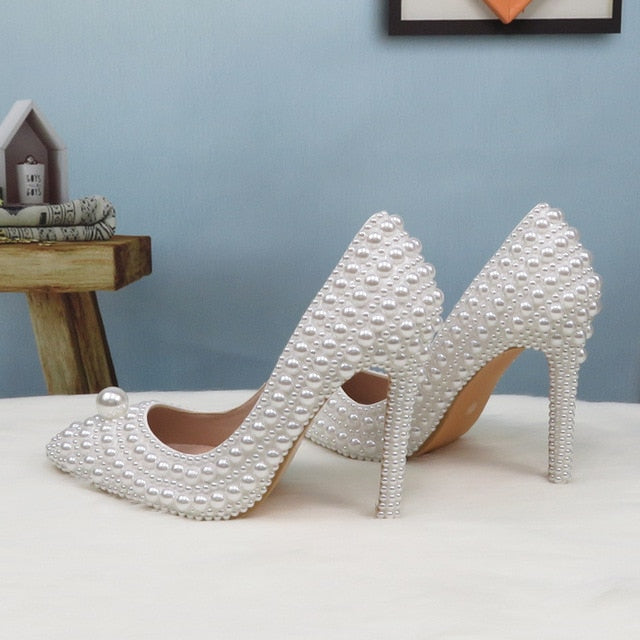 Fang White Beads Pearl women wedding shoes Bride High heels shoes