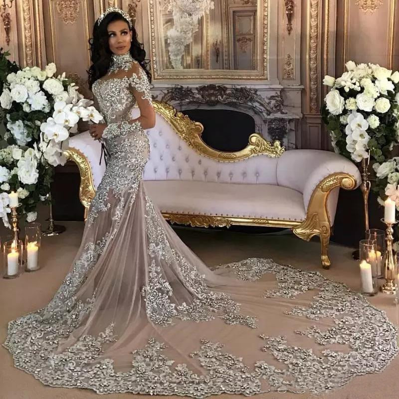 Luxury Sparkly Wedding Dresses High Neck