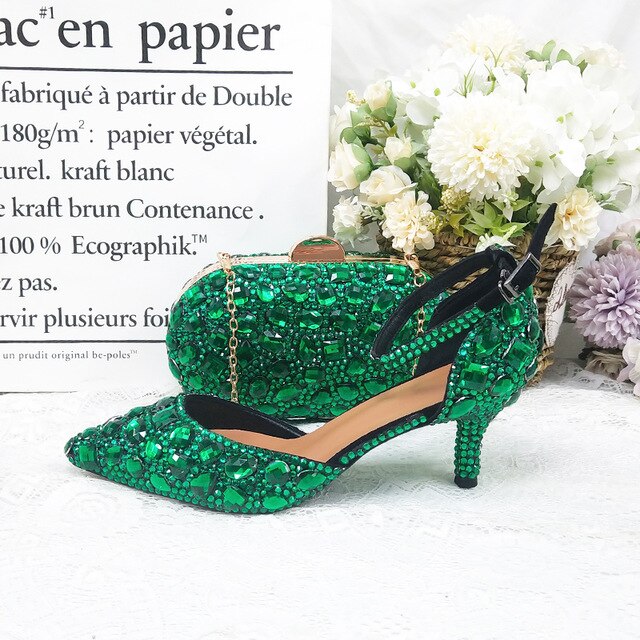 Green Crystal Wedding shoes Woman Thin heel pointed toe Bridal Party