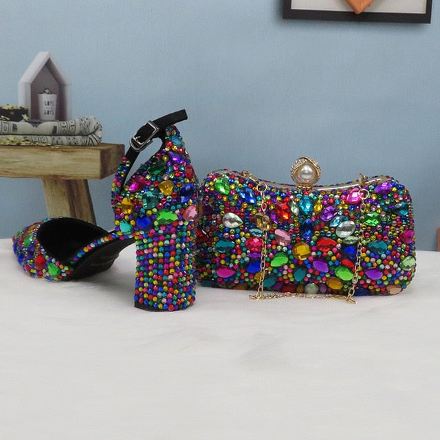 Women wedding shoes with matching bags Multicolored Crystal Thick High heels Ladies