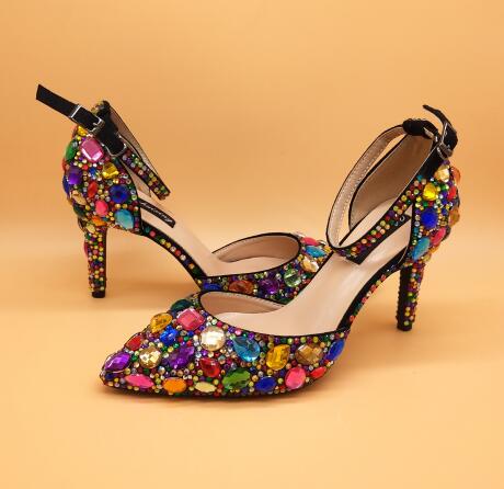 Women wedding shoes with matching bags Multicolored Crystal Thick High heels Ladies