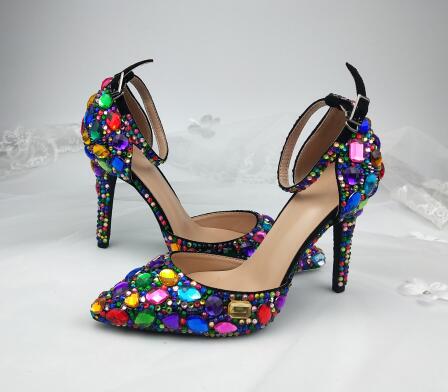 Women wedding shoes with matching bags Multicolored Crystal Thick High heels Ladies