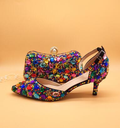 Women wedding shoes with matching bags Multicolored Crystal Thick High heels Ladies