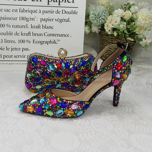 Women wedding shoes with matching bags Multicolored Crystal Thick High heels Ladies