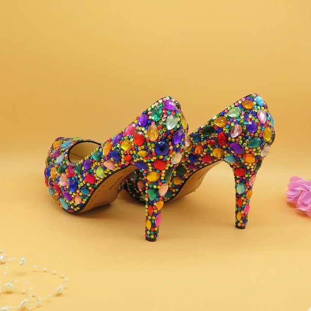 Women wedding shoes with matching bags Multicolored Crystal Thick High heels Ladies