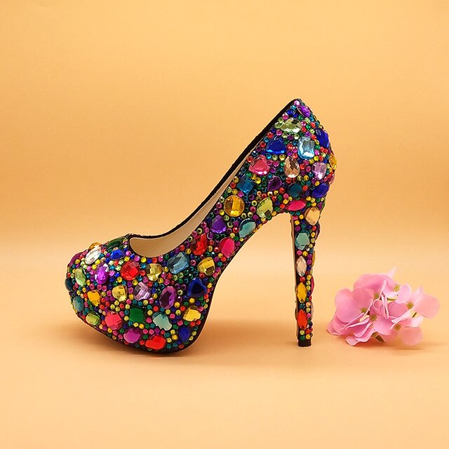 Women wedding shoes with matching bags Multicolored Crystal Thick High heels Ladies