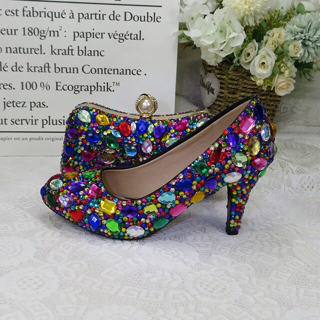 Women wedding shoes with matching bags Multicolored Crystal Thick High heels Ladies