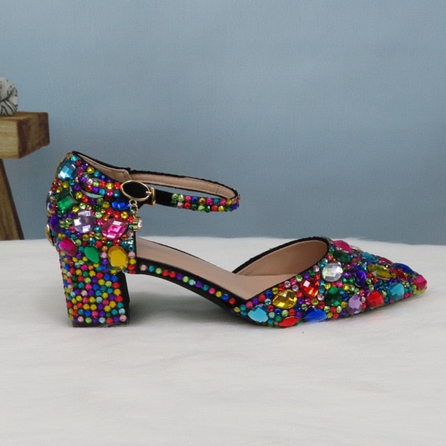 Women wedding shoes with matching bags Multicolored Crystal Thick High heels Ladies