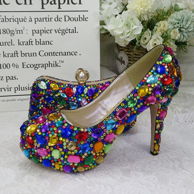 Women wedding shoes with matching bags Multicolored Crystal Thick High heels Ladies