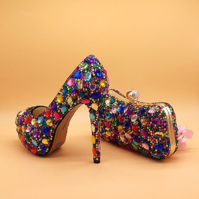 Women wedding shoes with matching bags Multicolored Crystal Thick High heels Ladies