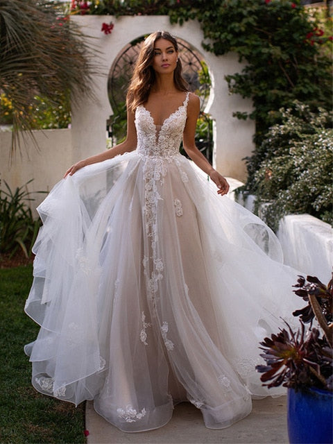 A Line Wedding Dress 3D Flowers Backless Princess