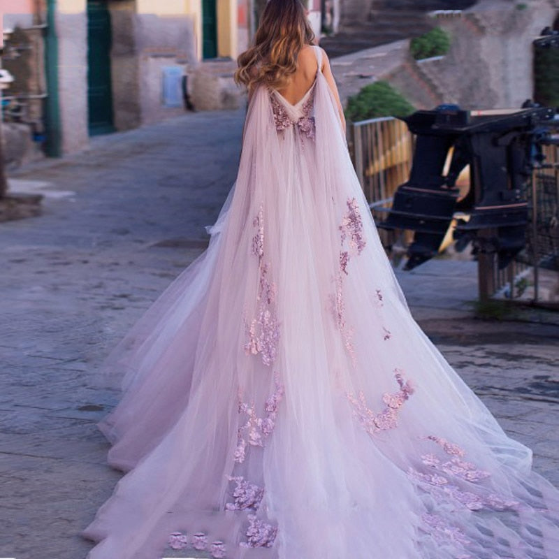 Flowers Light Purple Wedding Gowns Long