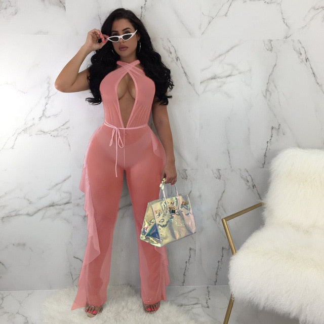 Sexy Mesh Cover Up Women One Piece Jumpsuit