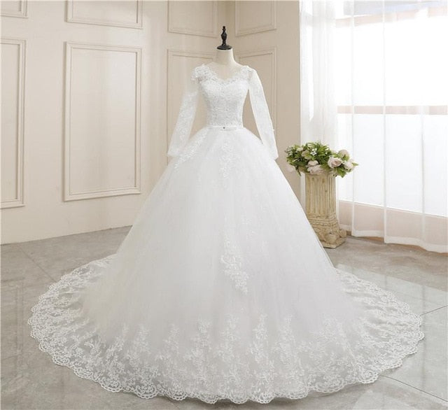 Embroidery Wedding Gown V Neck Elegant