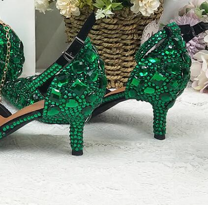 Green Crystal Wedding shoes Woman Thin heel pointed toe Bridal Party