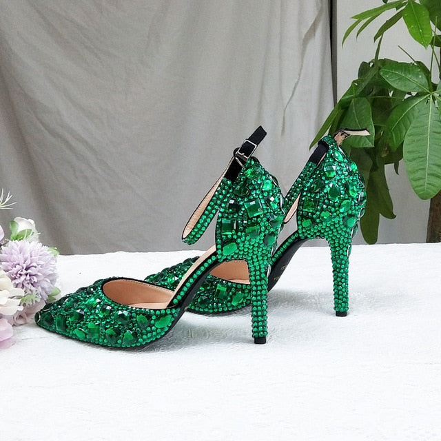 Green Crystal Wedding shoes Woman Thin heel pointed toe Bridal Party