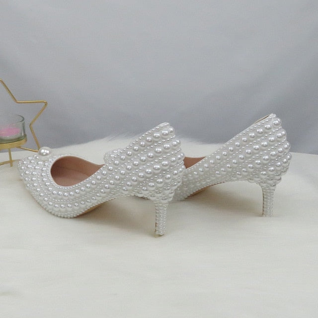 Fang White Beads Pearl women wedding shoes Bride High heels shoes