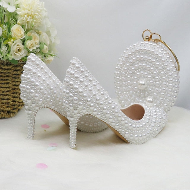 Fang White Beads Pearl women wedding shoes Bride High heels shoes