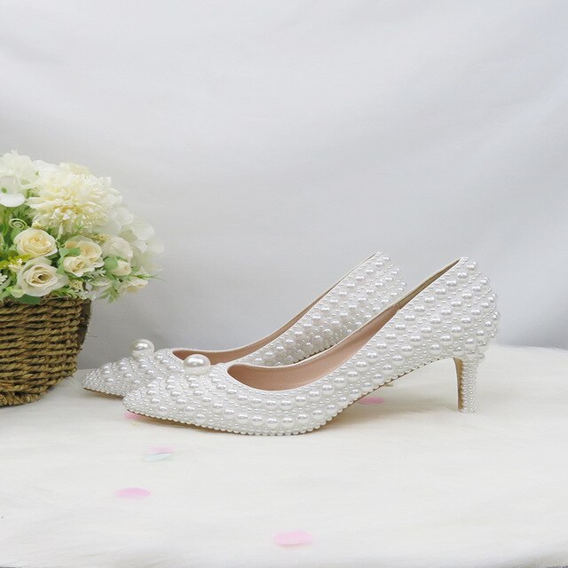 Fang White Beads Pearl women wedding shoes Bride High heels shoes