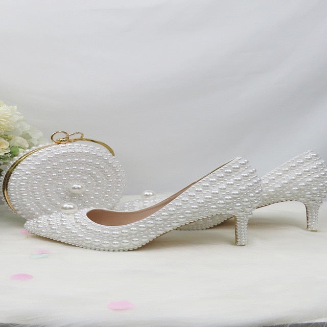 Fang White Beads Pearl women wedding shoes Bride High heels shoes