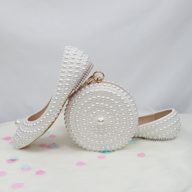 Fang White Beads Pearl women wedding shoes Bride High heels shoes