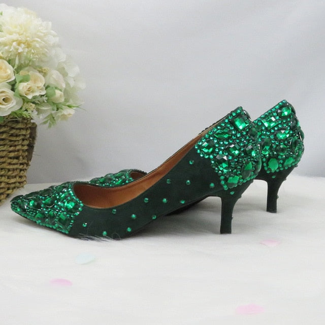 Green Crystal Wedding shoes Woman Thin heel pointed toe Bridal Party