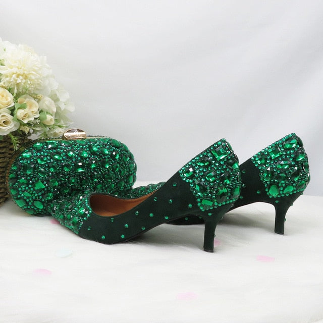 Green Crystal Wedding shoes Woman Thin heel pointed toe Bridal Party