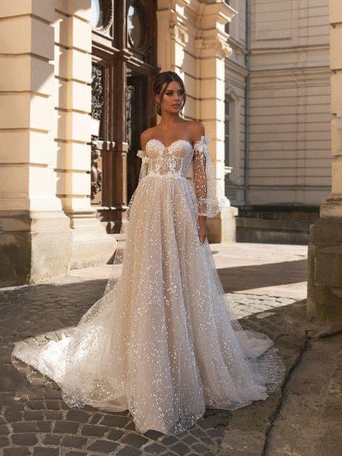 Smileven Boho Wedding Dress Puff Sleeve Sweetheart