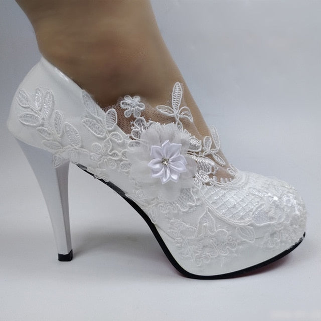 White Flower Pumps New arrival womens wedding shoes Bride High heels platform