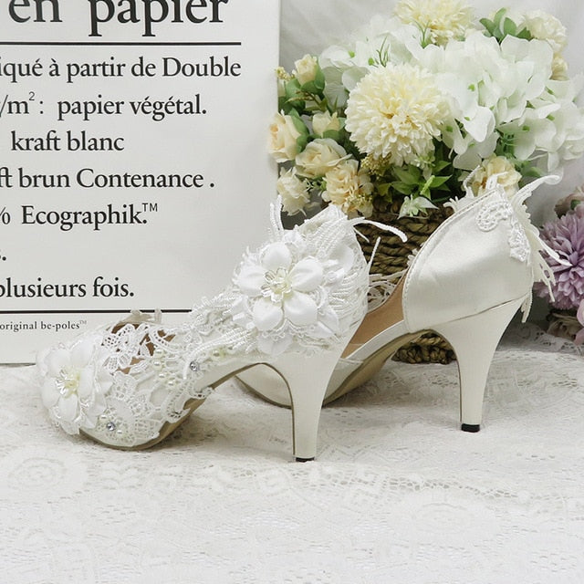 New White Lace flower shoes woman High heels Pumps Womens wedding shoes