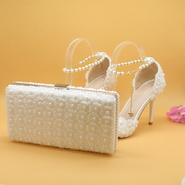 White Lace Flower Wedding Shoes And Bags  Set High Heels Pointed Toe Ankle Strap Ladies Party shoe with matching purse Lace-up