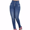 High Waist Women Jeans Buttons Blue Skinny Pencil Pant