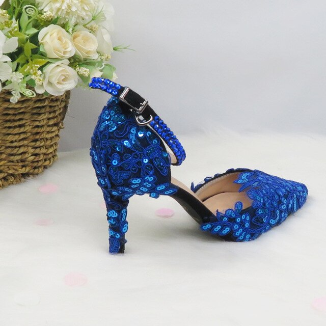 Blue Lace flower wedding shoes women Bridal High heels