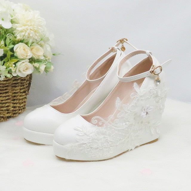 White Flower Pumps New arrival womens wedding shoes Bride High heels platform