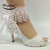 New Lace-Up fashion shoes For woman White Flower Wedding shoes