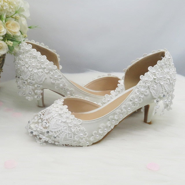 New Lace-Up fashion shoes For woman White Flower Wedding shoes