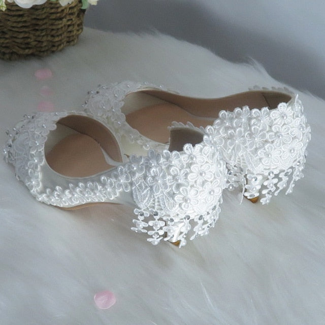 New Lace-Up fashion shoes For woman White Flower Wedding shoes