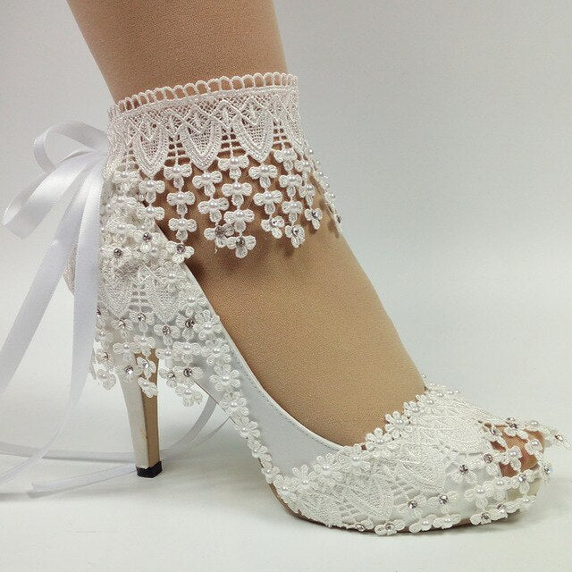 New Lace-Up fashion shoes For woman White Flower Wedding shoes