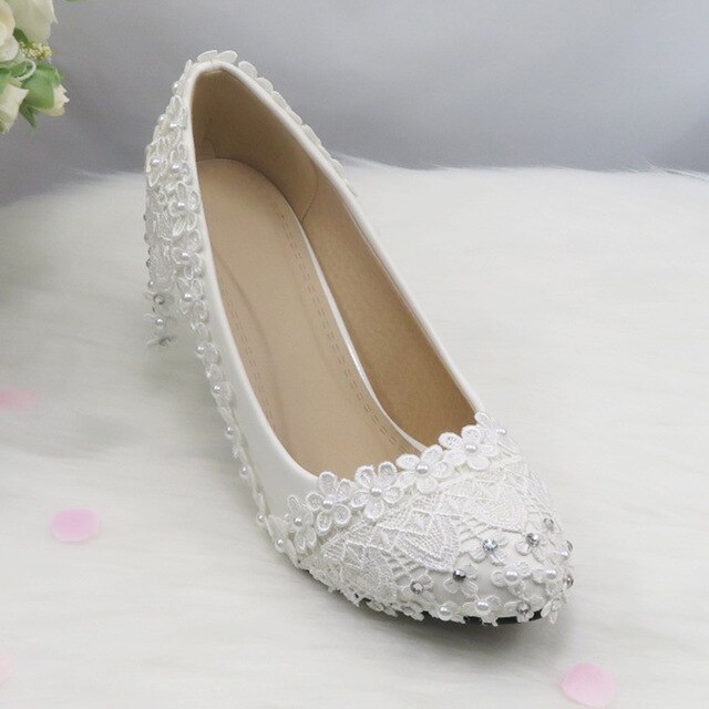 New Lace-Up fashion shoes For woman White Flower Wedding shoes