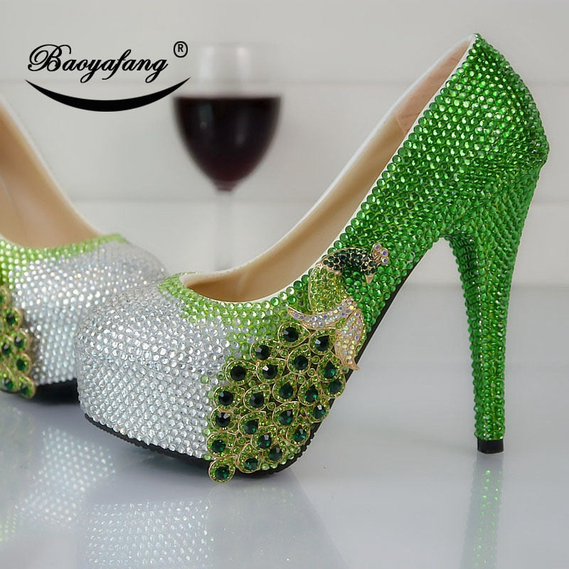 Womens wedding shoes Green Water Drill Phoenix Round-Headed High-heeled