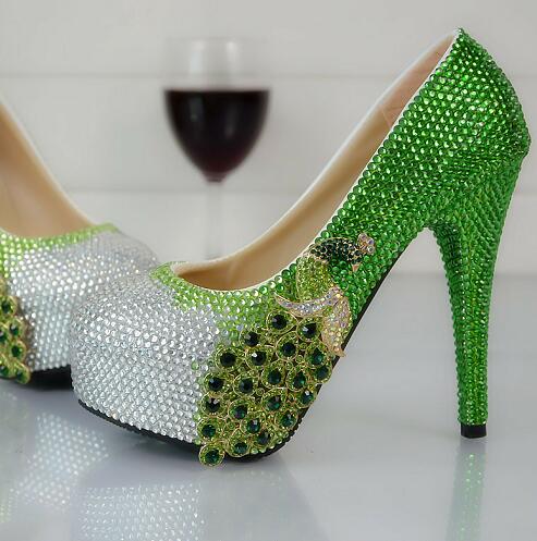 Womens wedding shoes Green Water Drill Phoenix Round-Headed High-heeled