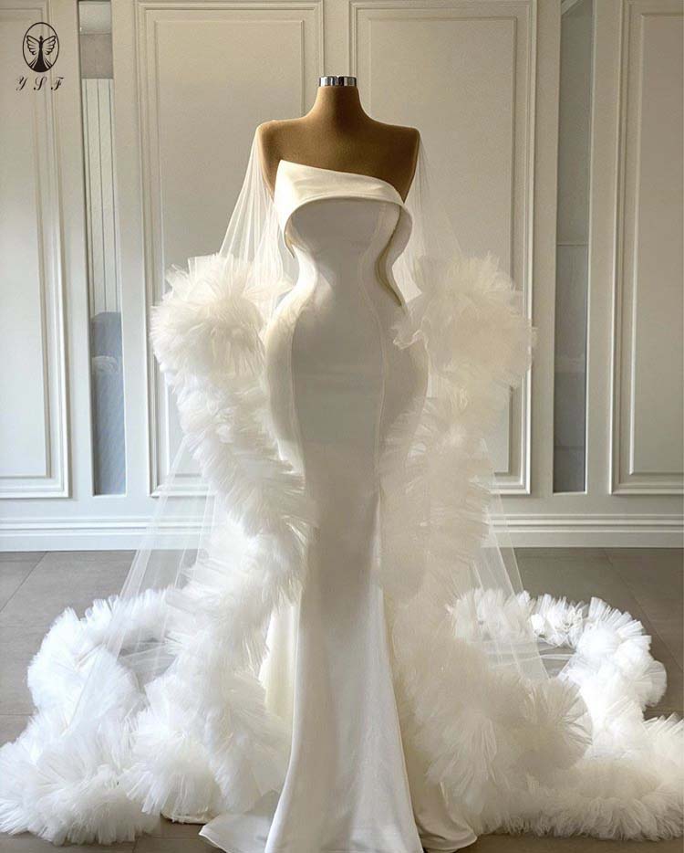 Floor Length Wedding Dresses with Ruffled Cape