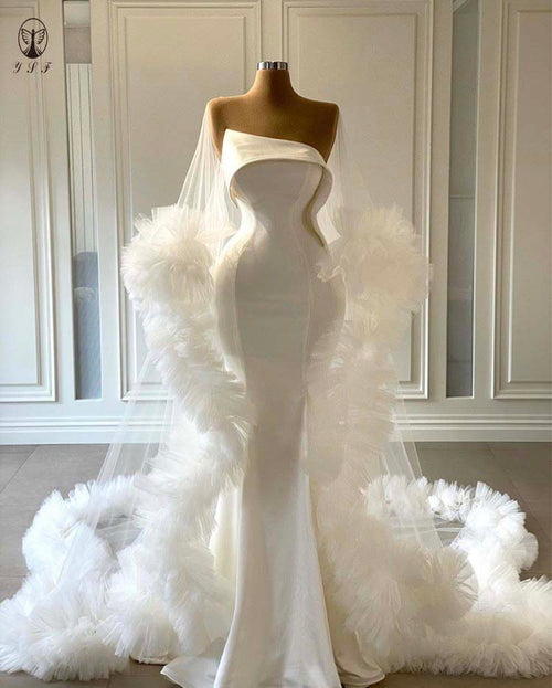 Floor Length Wedding Dresses with Ruffled Cape