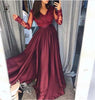 V Neck Long Sleeve High  Floor Length Burgundy Bridesmaid Dresses