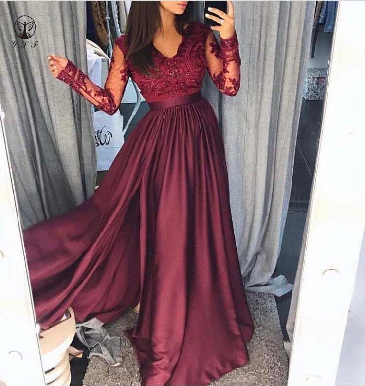 V Neck Long Sleeve High  Floor Length Burgundy Bridesmaid Dresses